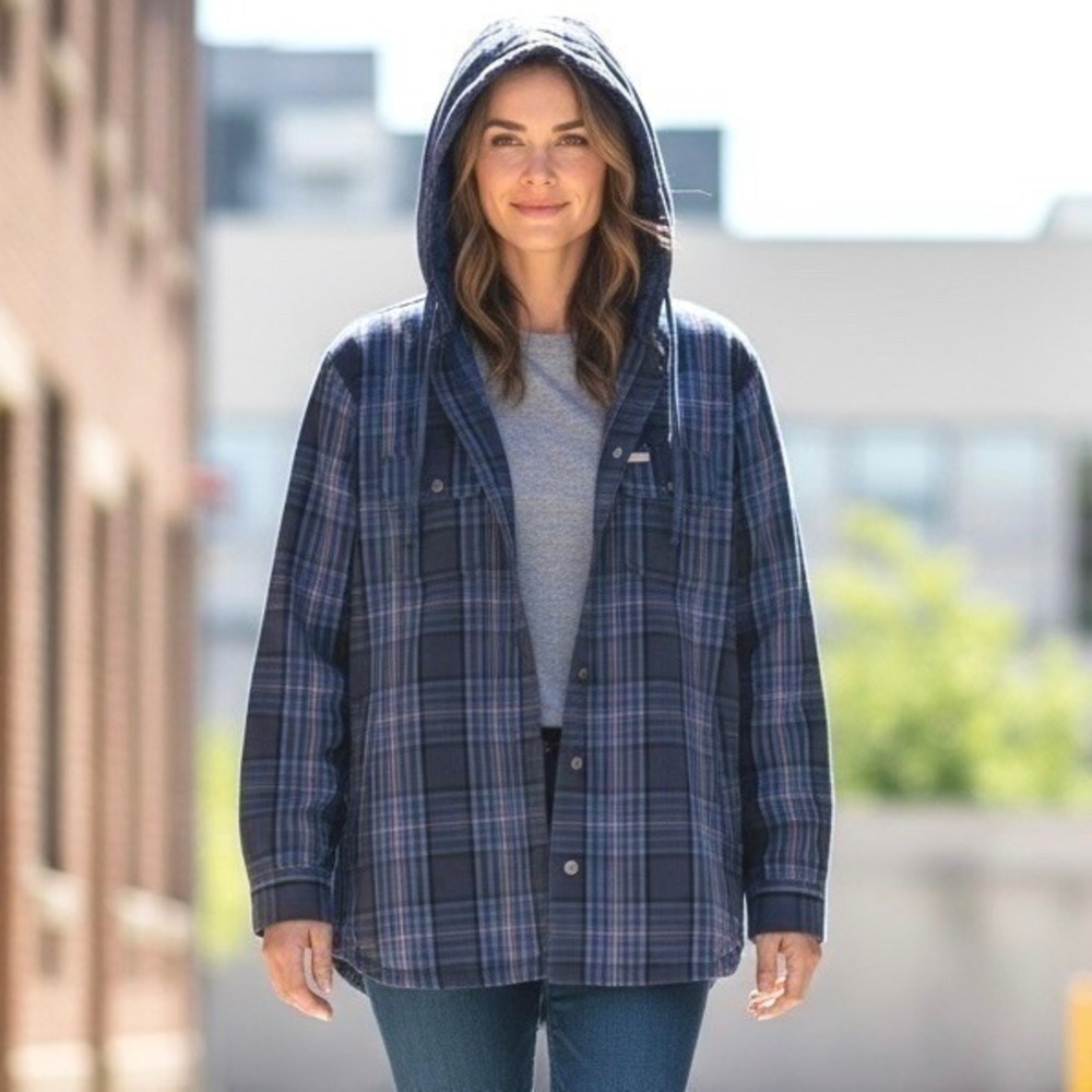 Ariat Rebar Women's Quilted Lined Flannel Hooded Shacket XXL Navy Blue Plaid NWT